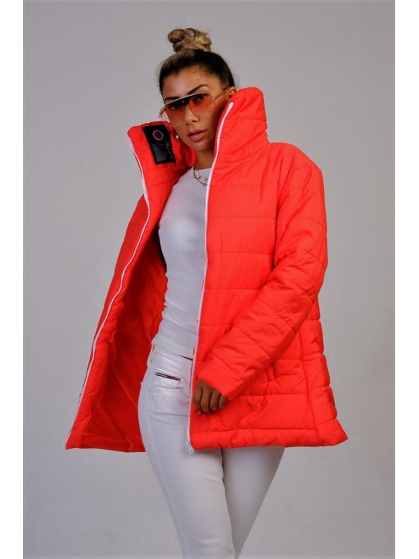 Bayrak Kırmızı Dik Yaka Su Geçirmez Uzun Şişme Mont Kırmızı