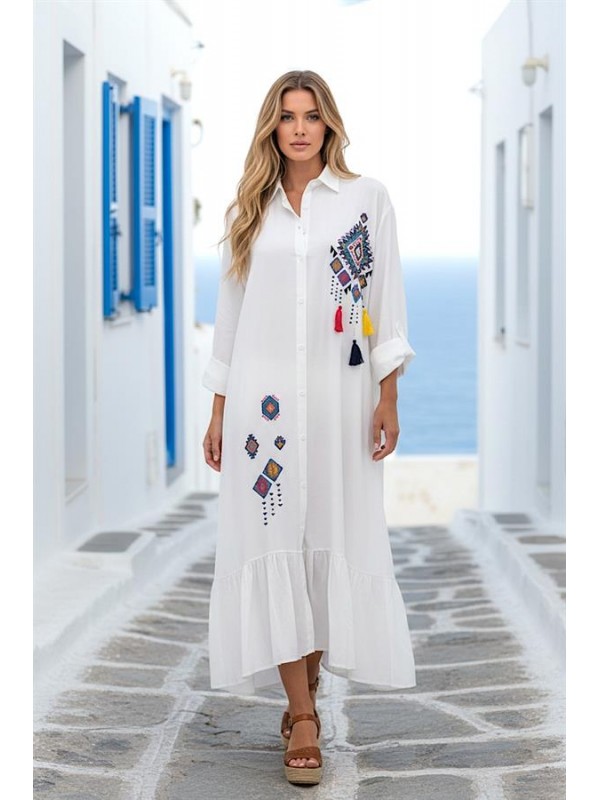 Beyaz Göğsü Ve Eteği Nakışlı Püsküllü Kolu Apoletli Eteği Fırfırlı Uzun Gömlek Elbise Beyaz