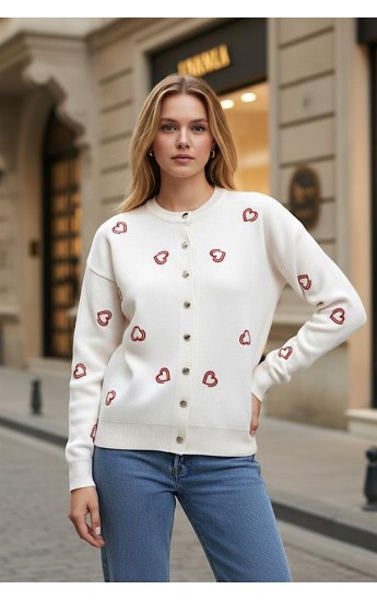 Beyaz Kalp Nakışlı Düğmeli Triko Hırka Beyaz&hellip;