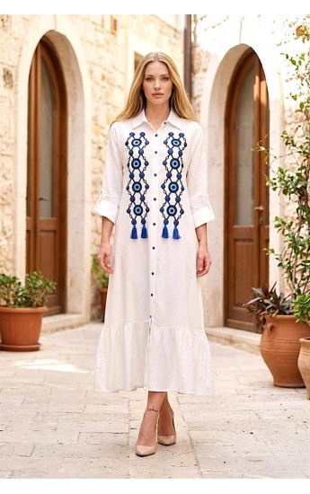 Beyaz Önü Nazar Boncuğu Nakışlı Püsküllü Kolu Apoletli Eteği Fı&hellip;