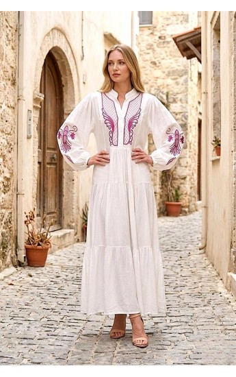 Beyaz Önü Ve Kolları Nakışlı Balon Kol Eteği Kat Kat Uzun Elbise Be&hellip;