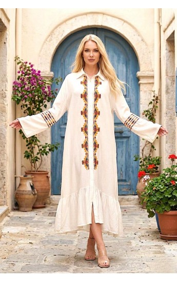 Beyaz Önü Ve Kolları Nakışlı Etekleri Fırfırlı Uzun Gömlek Elbis&hellip;