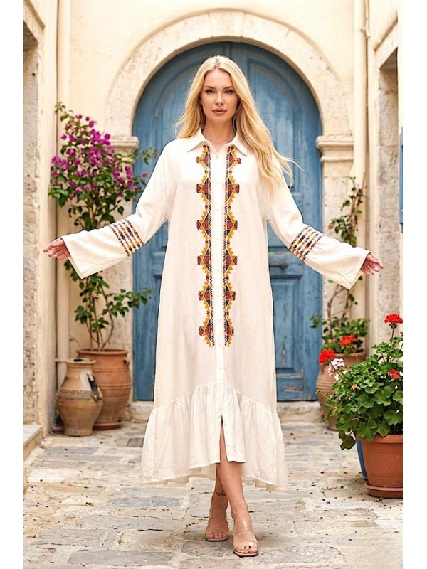 Beyaz Önü Ve Kolları Nakışlı Etekleri Fırfırlı Uzun Gömlek Elbise 40