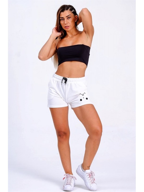 Beyaz Panda Baskılı Beli Lastikli Bağcıklı Cepli Pamuklu Şort Beyaz