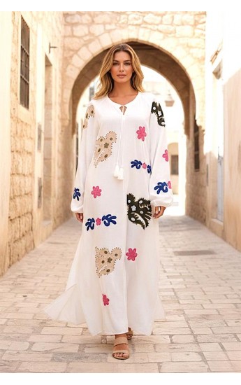 Beyaz Sıfır Yaka Önü Ve Kolları Nakışlı Püsküllü Uzun Elbise Be&hellip;