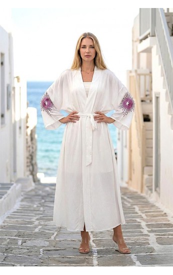 Beyaz Sırtı Ve Kolları Nakışlı Püsküllü Uzun Kimono Beyaz&hellip;