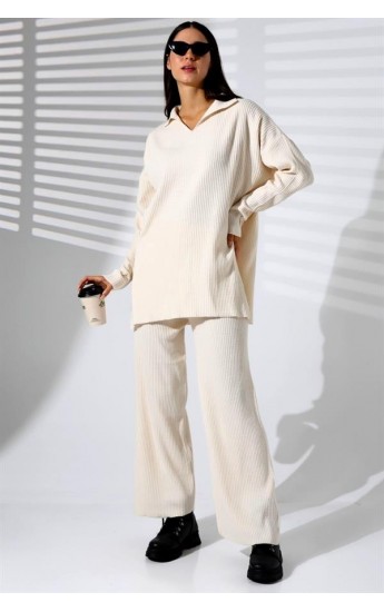 Beyaz V Yaka Fitilli Tunik Pantolon Triko Alt Üst Takım Beyaz&hellip;