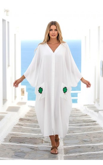 Beyaz V Yaka Sırtı Ve Cepleri Yonca Nakışlı Oversize Uzun Gömlek Elb… Beyaz V Yaka Sırtı Ve Cepleri Yonca Nakışlı Oversize Uzun Gömlek Elb…