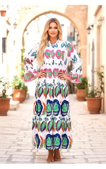 Beyaz Volanlı Kol Önden Düğmeli Eteği Kat Kat Tropikal Desenli Uzun E&hellip;