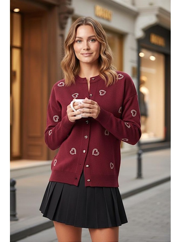 Bordo Kalp Nakışlı Düğmeli Triko Hırka Bordo