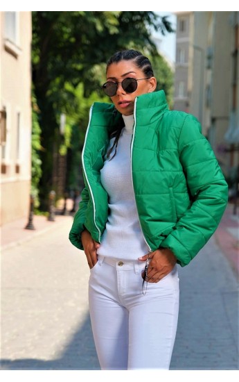 Çimen Yeşili Dik Yaka Su Geçirmez Kısa Şişme Mont Haki&hellip;