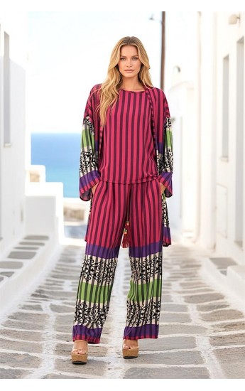 Fuşya Çizgili Tunik Bluz Pantolon Üçlü Takım Fuşya&hellip;