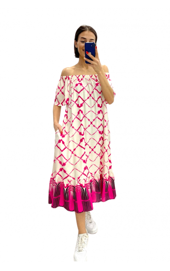 Fuşya Desenli Madonna Yaka Etekleri Fırfırlı Cepli Uzun Elbise Fuşya&hellip;