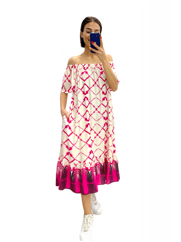 Fuşya Desenli Madonna Yaka Etekleri Fırfırlı Cepli Uzun Elbise Fuşya