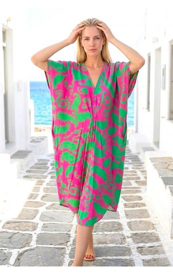 Fuşya Yeşil Desenli V Yaka Tasarım Cepli Elbise S-M&hellip;