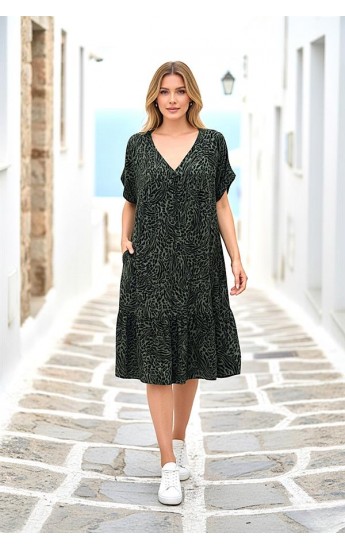 Haki Desenli V Yaka Etekleri Fırfırlı Cepli Elbise Haki&hellip;