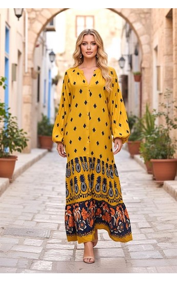 Hardal Etnik Desenli V Yaka Balon Kol Önden Düğmeli Eteği Kat Kat Uzun&hellip;