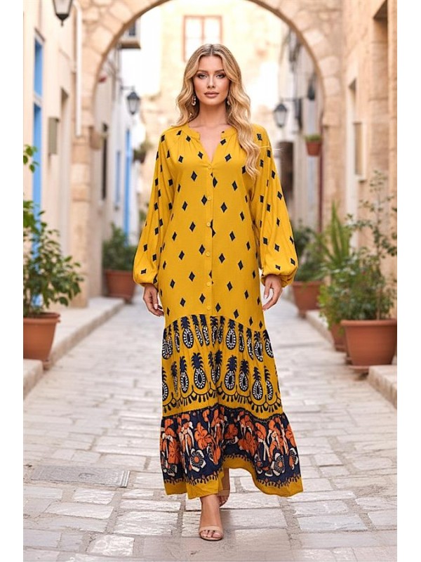 Hardal Etnik Desenli V Yaka Balon Kol Önden Düğmeli Eteği Kat Kat Uzun Elbise  Hardal
