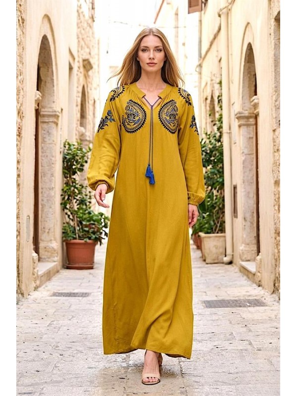 Hardal Rengi Göğsü Ve Kolları Nakışlı Püsküllü Balon Kol Uzun Elbise Hardal