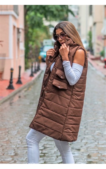 Kahverengi Dik Yaka Cep Detaylı Uzun Şişme Yelek Kahverengi&hellip;