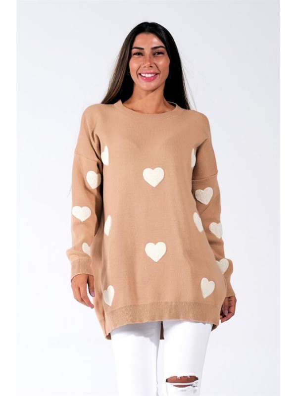 Kahverengi Kabartma Kalpli Triko Kazak Kahverengi