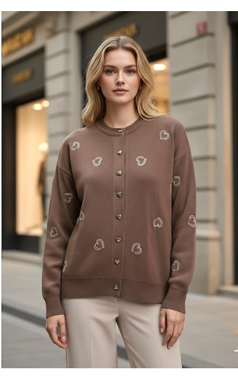 Kahverengi Kalp Nakışlı Düğmeli Triko Hırka Kahverengi&hellip;