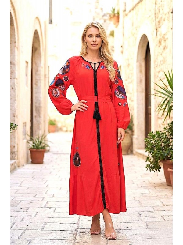 Kırmızı Boyundan Bağlamalı Önü Kolları Ve Eteği Nakışlı Kemerli Uzun Elbise Kırmızı