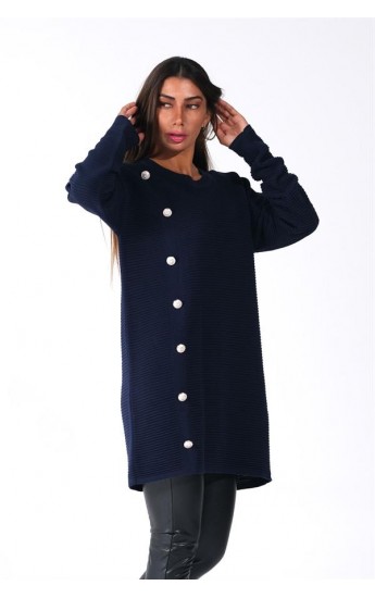 Lacivert Bisiklet Yaka Fitilli Düğme Detaylı Triko Kazak  Lacivert&hellip;