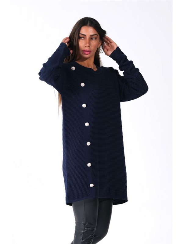 Lacivert Bisiklet Yaka Fitilli Düğme Detaylı Triko Kazak  Lacivert
