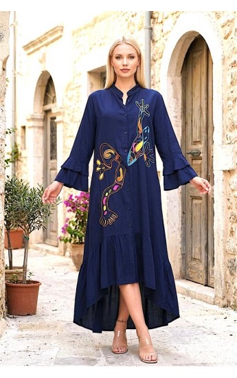 Lacivert Dik Yaka Kol Ve Etek Ucu Fırfırlı Cepli Nakışlı Oversize Uz&hellip;