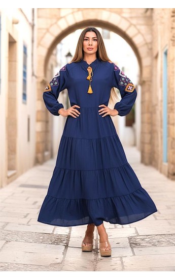 Lacivert Sıfır Yaka Kolları Nakışlı Eteği Kat Kat Uzun Elbise Laciv&hellip;