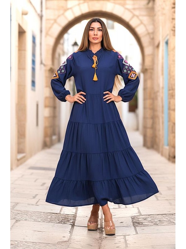 Lacivert Sıfır Yaka Kolları Nakışlı Eteği Kat Kat Uzun Elbise Lacivert