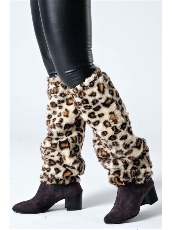 Leopar Desenli Peluş Tozluk Kahve