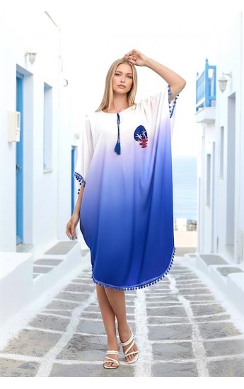 Mavi Aplike Nakışlı Yarasa Kol Ponponlu Kısa Elbise Mavi&hellip;