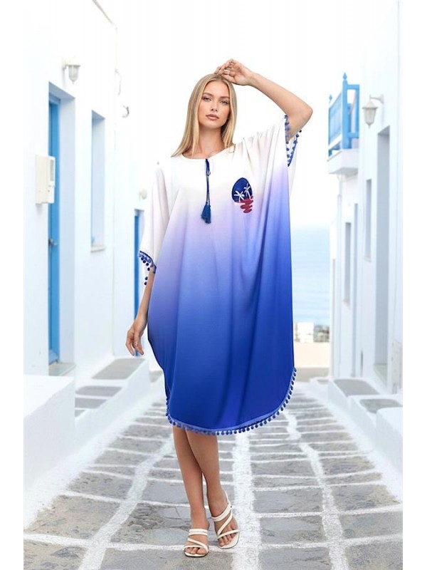 Mavi Aplike Nakışlı Yarasa Kol Ponponlu Kısa Elbise Mavi