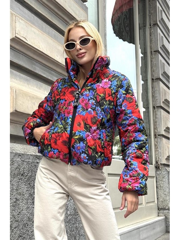 Mavi Dik Yaka Çiçekli Kısa Şişme Mont Mavi