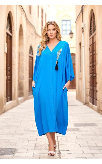 Mavi V Yaka Tüy Nakışlı Boncuklu Cepli Oversize Uzun Elbise Mavi&hellip;