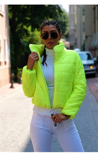 Neon Yeşil Dik Yaka Su Geçirmez Kısa Şişme Mont Neon Yeşil&hellip;