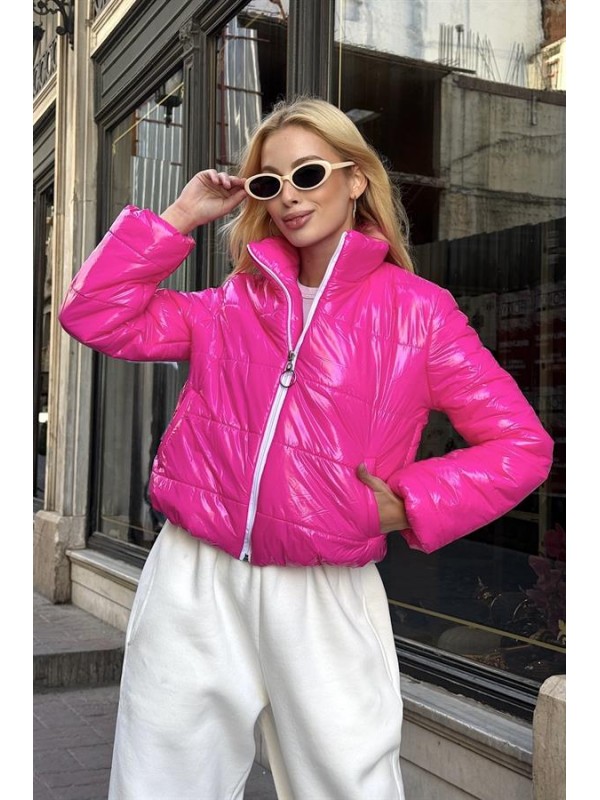 Pembe Parlak Su İtici Dik Yaka Kısa Şişme Mont Pembe