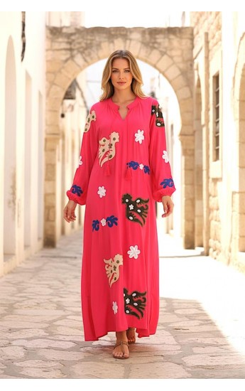 Pembe Sıfır Yaka Önü Ve Kolları Nakışlı Püsküllü Uzun Elbise Pe&hellip;