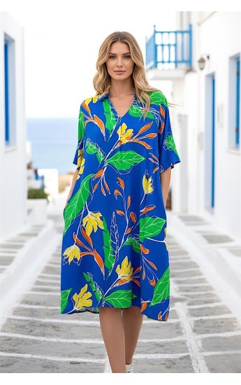 Saks Mavi Çiçekli Gömlek Yaka Cepli Kısa Elbise Saks Mavi&hellip;