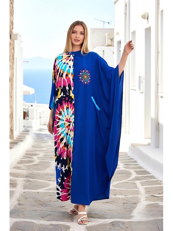 Saks Mavi Desen Garnili Göğsü Nakışlı Cepli Oversize Uzun Elbise Saks Mavi