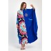 Saks Mavi Desen Garnili Göğsü Nakışlı Cepli Oversize Uzun Elbise Saks Mavi