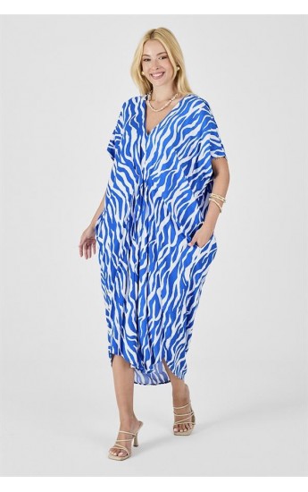 Saks Mavi Desenli V Yaka Tasarım Cepli Elbise S-M&hellip;