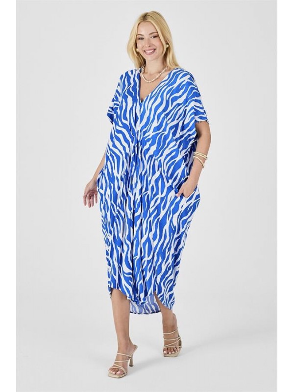 Saks Mavi Desenli V Yaka Tasarım Cepli Elbise S-M