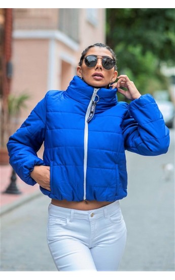 Saks Mavi Dik Yaka Su Geçirmez Kısa Şişme Mont Saks Mavi&hellip;