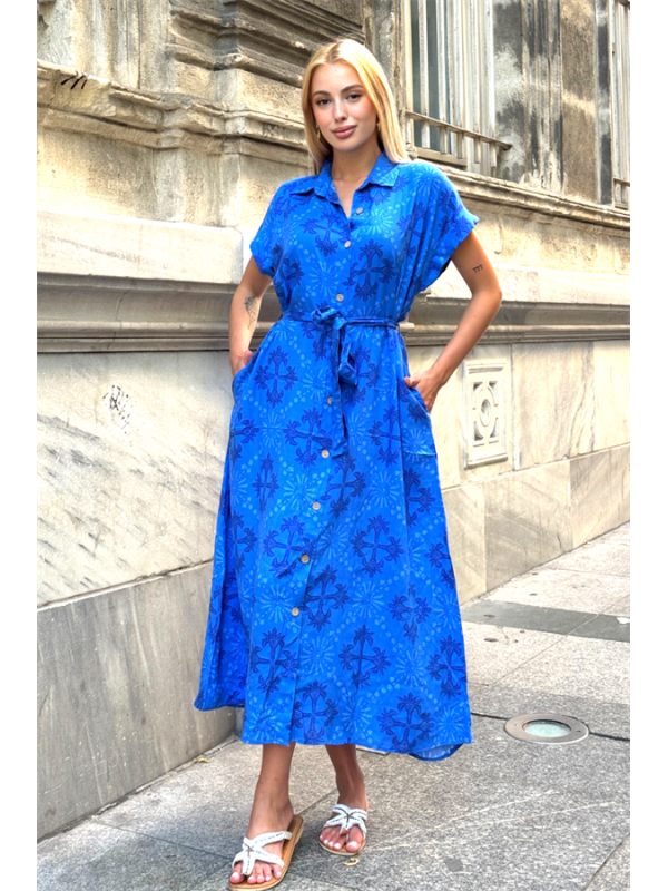 Saks Mavi Gömlek Yaka Kemerli Cepli Uzun Gömlek Elbise Saks Mavi