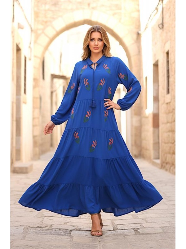 Saks Mavi Önü Ve Kolları Çiçek Nakışlı Eteği Kat Kat Uzun Elbise Saks Mavi
