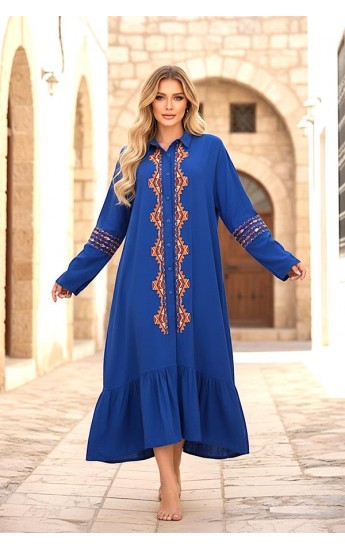 Saks Mavi Önü Ve Kolları Nakışlı Etekleri Fırfırlı Uzun Gömlek E&hellip;