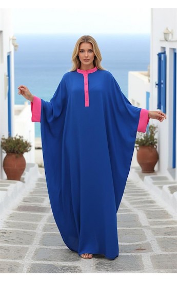 Saks Mavi Sırtı Otantik Nakışlı Yarasa Kol Oversize Uzun Elbise Saks &hellip;